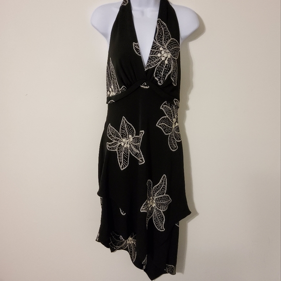 S.L FASHIONS BLACK FLORAL HALTER ASYMMETRICAL MIDI DRESS SIZE 10 - Picture 2 of 9